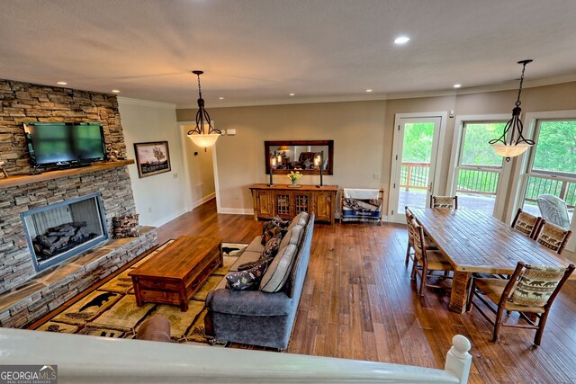 4431 Furman Gribble Rd, Young Harris, GA 30582 - living area featuring wood-type flooring, baseboards, recessed lighting, ornamental molding, and a fireplace