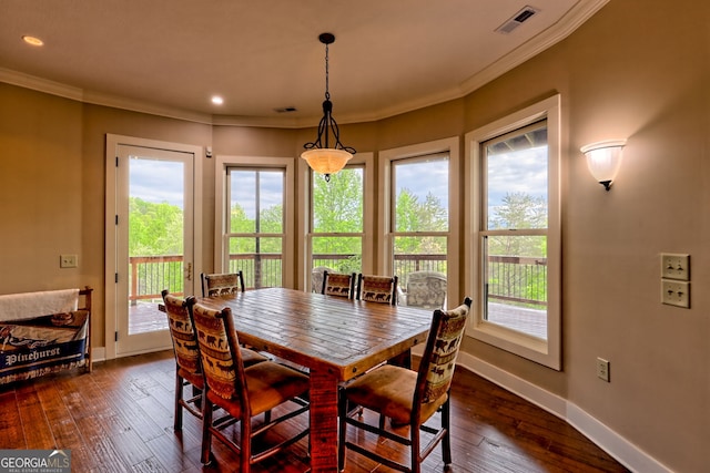 4431 Furman Gribble Rd, Young Harris, GA 30582 - dining area featuring ornamental molding, baseboards, dark wood finished floors, and recessed lighting