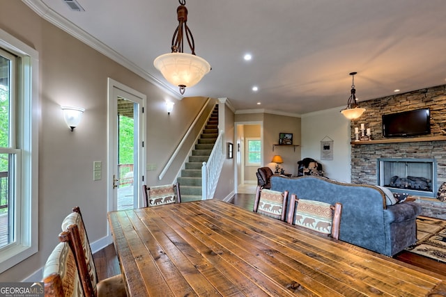 4431 Furman Gribble Rd, Young Harris, GA 30582 - dining space with stairway, dark wood finished floors, baseboards, a stone fireplace, and recessed lighting