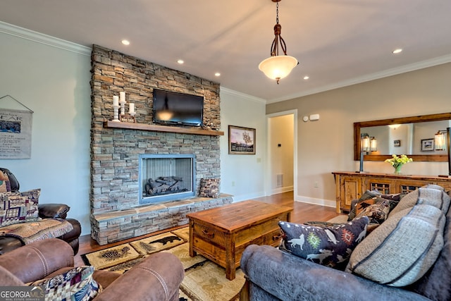 4431 Furman Gribble Rd, Young Harris, GA 30582 - living area with wood finished floors, ornamental molding, baseboards, recessed lighting, and a fireplace