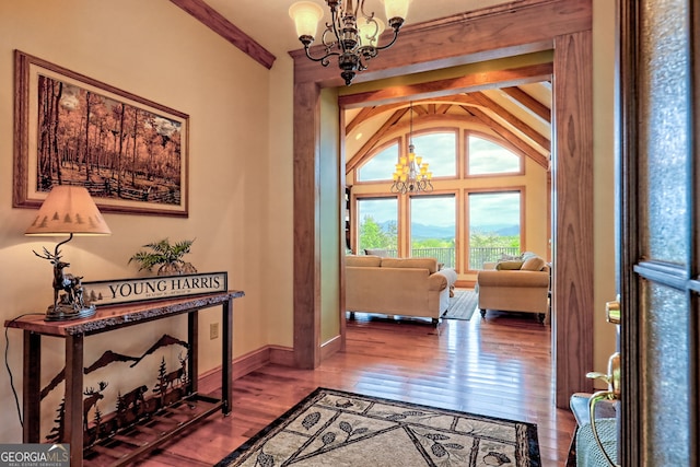 4431 Furman Gribble Rd, Young Harris, GA 30582 - entrance foyer featuring a chandelier, wood finished floors, and baseboards