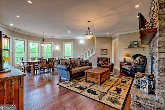 4431 Furman Gribble Rd, Young Harris, GA 30582 - living room featuring stairway, hardwood / wood-style flooring, ornamental molding, and recessed lighting