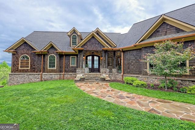 4431 Furman Gribble Rd, Young Harris, GA 30582 - view of front facade featuring a front yard, french doors, and a shingled roof