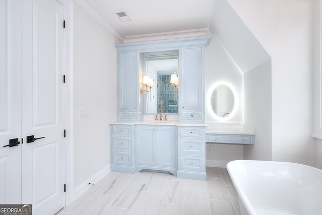 bathroom with vanity, a tub, and crown molding