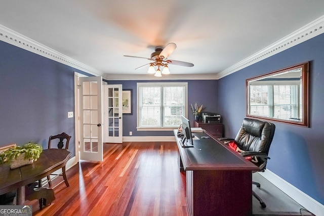 office area with baseboards, french doors, wood finished floors, and crown molding