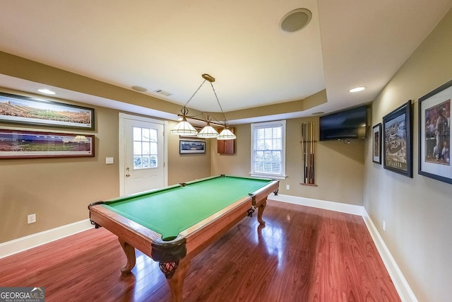 game room with recessed lighting, pool table, visible vents, wood finished floors, and baseboards