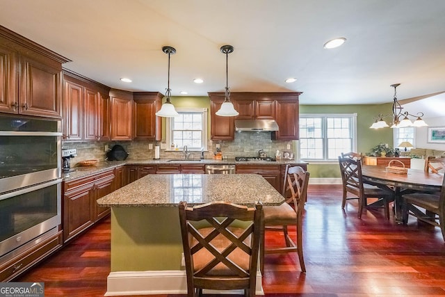 kitchen featuring dark wood-type flooring, a sink, appliances with stainless steel finishes, and decorative backsplash