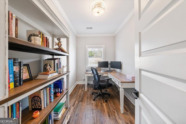 office featuring baseboards, visible vents, wood finished floors, and ornamental molding