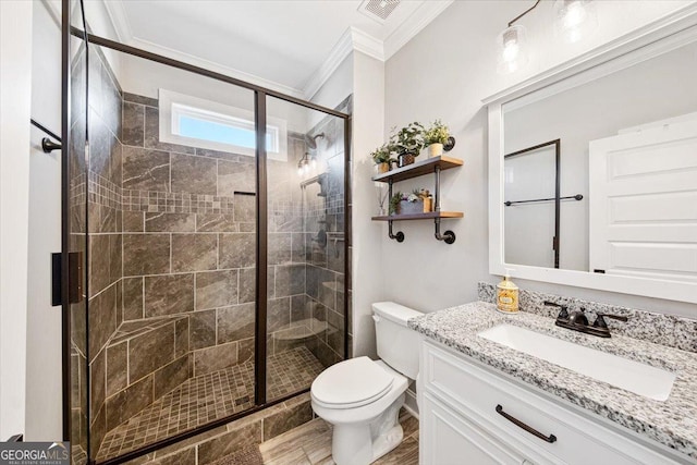 full bathroom with toilet, a shower stall, visible vents, and crown molding