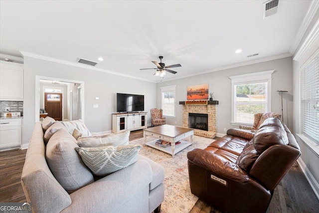 living room featuring ornamental molding, a healthy amount of sunlight, dark hardwood / wood-style flooring, and a fireplace