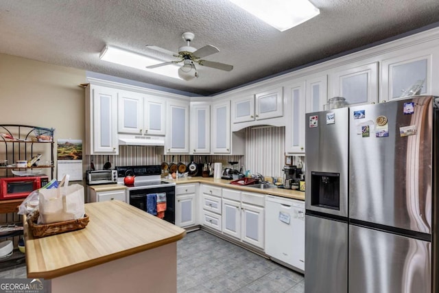 kitchen featuring sink, range with electric cooktop, white dishwasher, white cabinets, and stainless steel fridge with ice dispenser