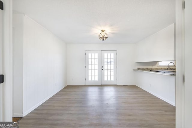 interior space featuring french doors, sink, and hardwood / wood-style flooring