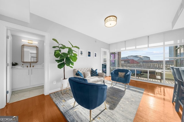 living room featuring sink and hardwood / wood-style floors