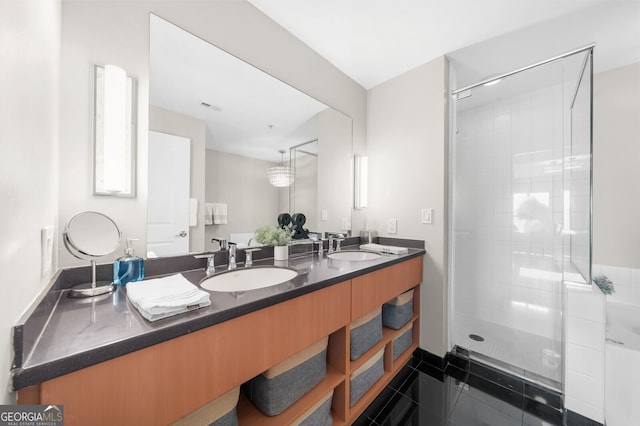 bathroom with walk in shower, tile patterned floors, and vanity