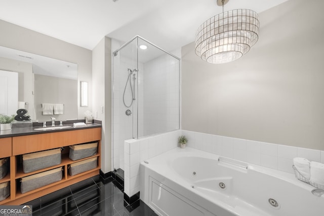 bathroom with an inviting chandelier, tile patterned floors, shower with separate bathtub, and vanity