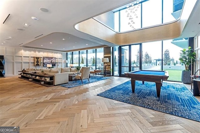 recreation room featuring light parquet flooring and billiards