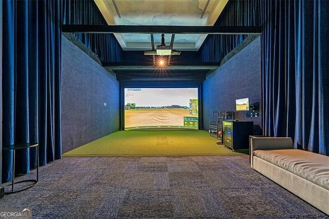 playroom featuring golf simulator and carpet