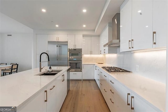 kitchen with appliances with stainless steel finishes, sink, white cabinets, and wall chimney exhaust hood