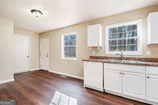 kitchen featuring white cabinetry, dishwasher, sink, and dark hardwood / wood-style floors