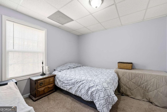 carpeted bedroom featuring a drop ceiling