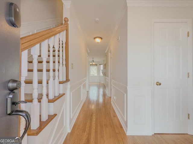 hallway featuring crown molding and light hardwood / wood-style flooring