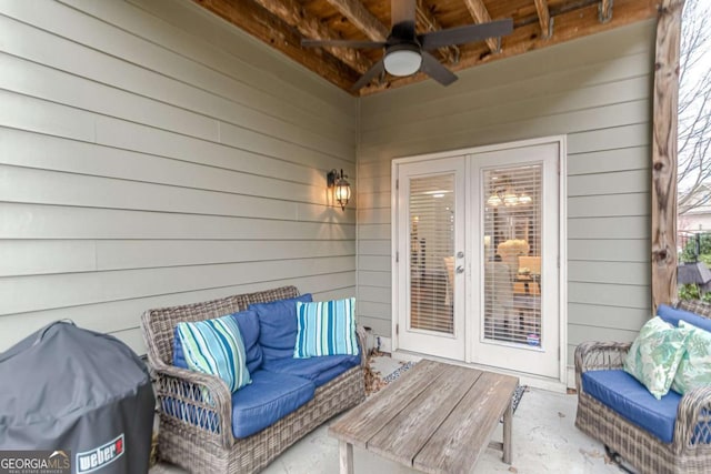 view of patio with area for grilling, an outdoor hangout area, french doors, and ceiling fan