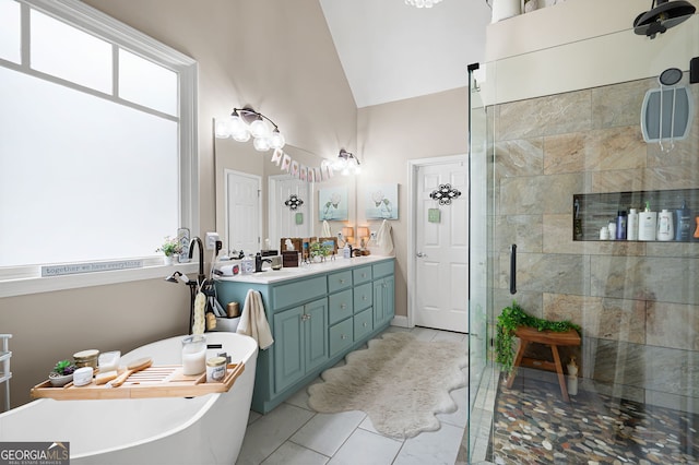 bathroom featuring vanity, tile patterned flooring, a wealth of natural light, and plus walk in shower