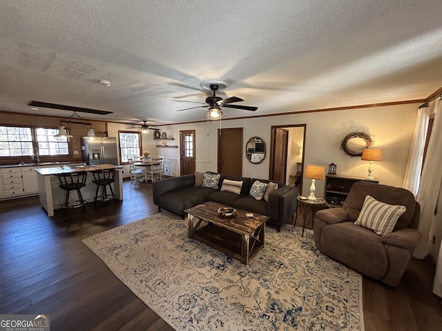 living room featuring dark wood-type flooring, ceiling fan, crown molding, and a textured ceiling