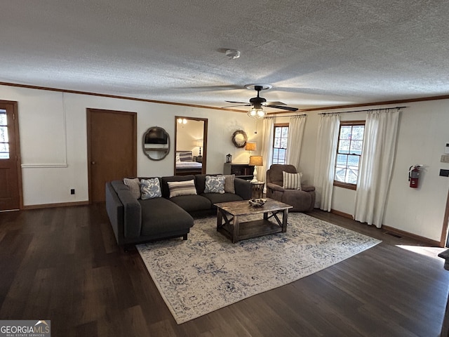 living room featuring ornamental molding, dark hardwood / wood-style floors, ceiling fan, and a textured ceiling