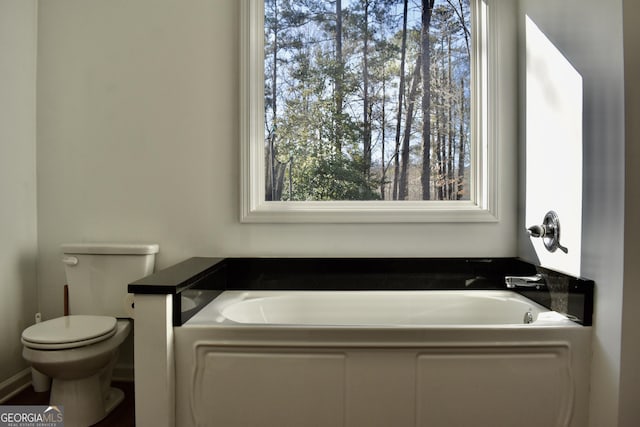 bathroom with toilet, a bathtub, and a wealth of natural light