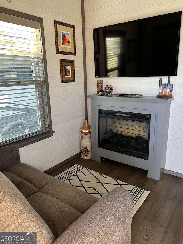 living room with dark hardwood / wood-style floors