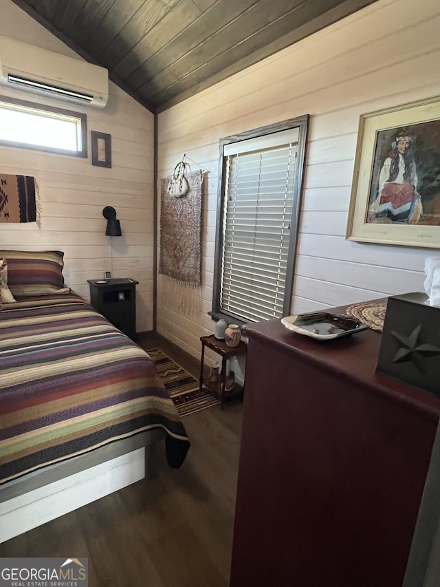 bedroom with wood ceiling, dark wood-type flooring, wooden walls, a wall unit AC, and vaulted ceiling