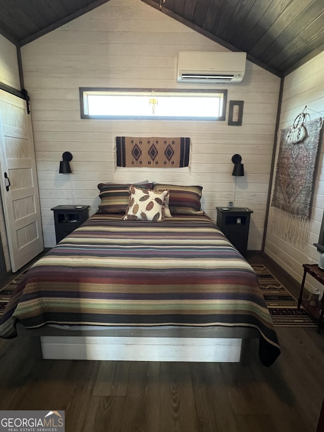 bedroom featuring wood ceiling, dark hardwood / wood-style flooring, vaulted ceiling, an AC wall unit, and wood walls