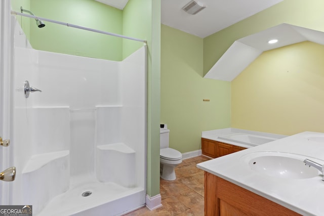 bathroom with vanity, toilet, and a shower