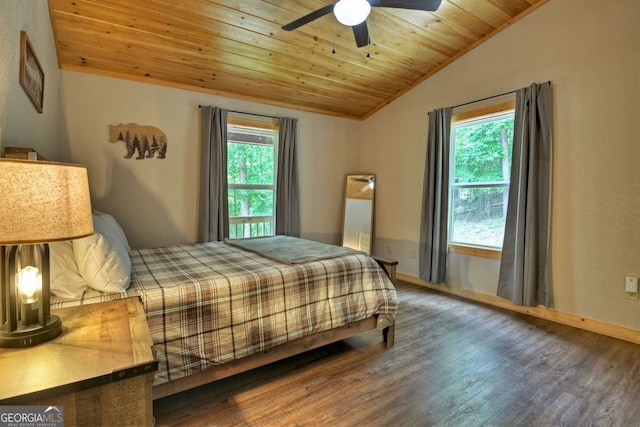 bedroom with multiple windows, vaulted ceiling, wooden ceiling, and dark hardwood / wood-style flooring