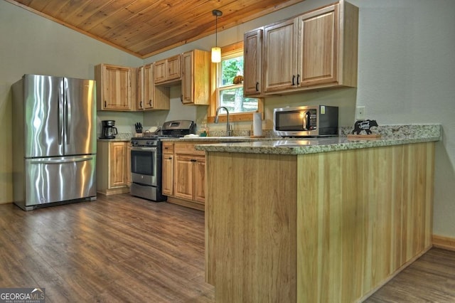 kitchen with dark wood-type flooring, lofted ceiling, sink, wood ceiling, and appliances with stainless steel finishes