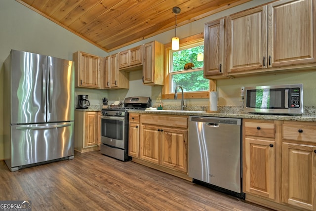 kitchen with sink, appliances with stainless steel finishes, light stone counters, decorative light fixtures, and wooden ceiling