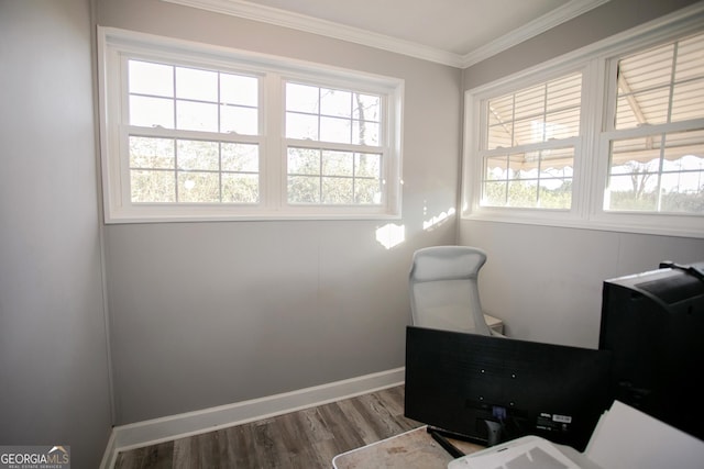 home office with crown molding and wood-type flooring