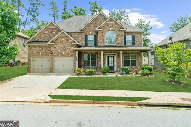 craftsman-style house with a garage, a front yard, and covered porch