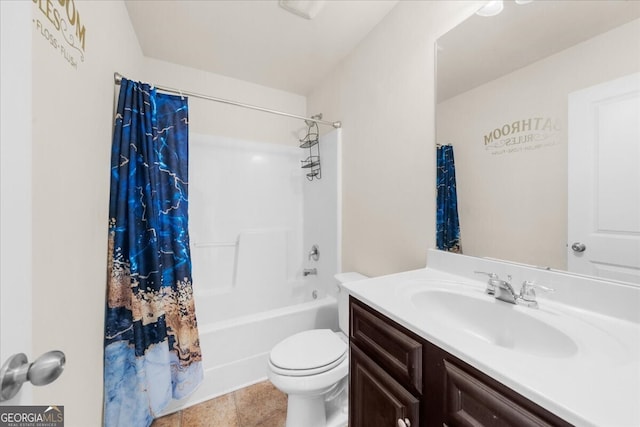 full bathroom featuring tile patterned flooring, vanity, shower / bathtub combination with curtain, and toilet