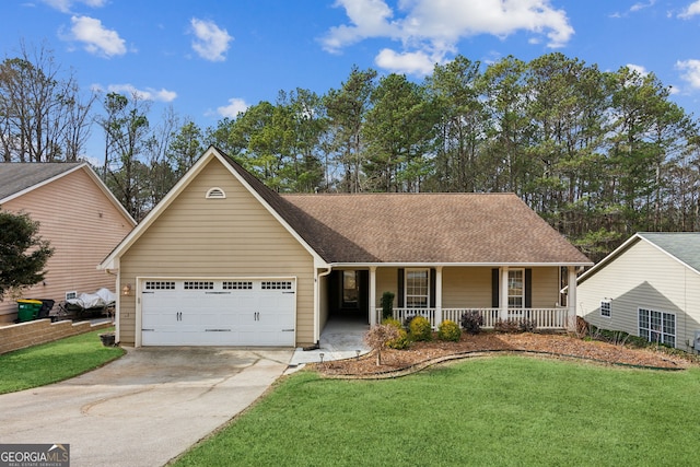 single story home featuring a garage, covered porch, and a front lawn