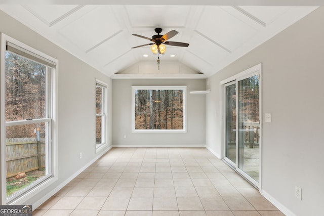 unfurnished sunroom featuring vaulted ceiling and ceiling fan