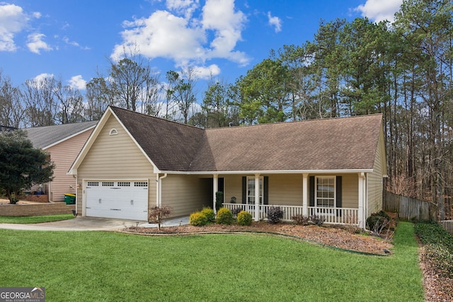 single story home featuring a garage, a front lawn, and covered porch