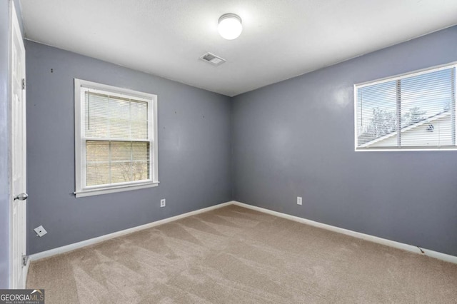 spare room featuring plenty of natural light and light carpet