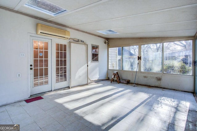 unfurnished sunroom with vaulted ceiling and a wall unit AC