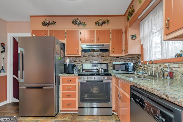 bar featuring dishwashing machine, sink, crown molding, and light stone counters