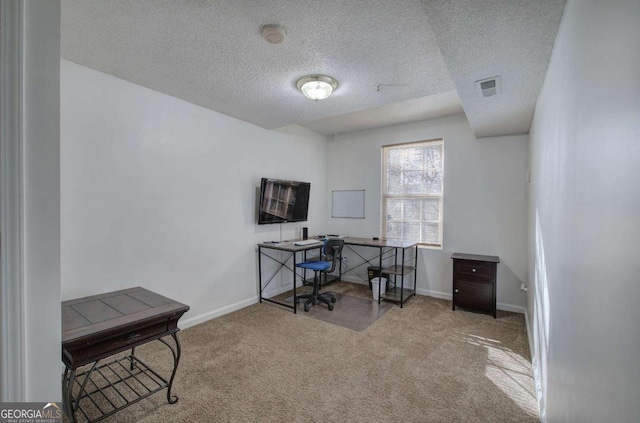 carpeted office space with a textured ceiling