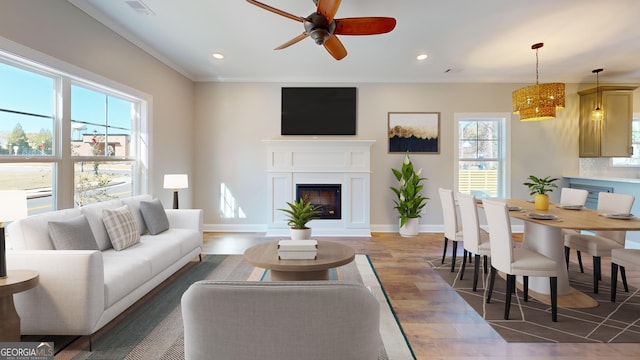 living room featuring ceiling fan, ornamental molding, and dark hardwood / wood-style floors