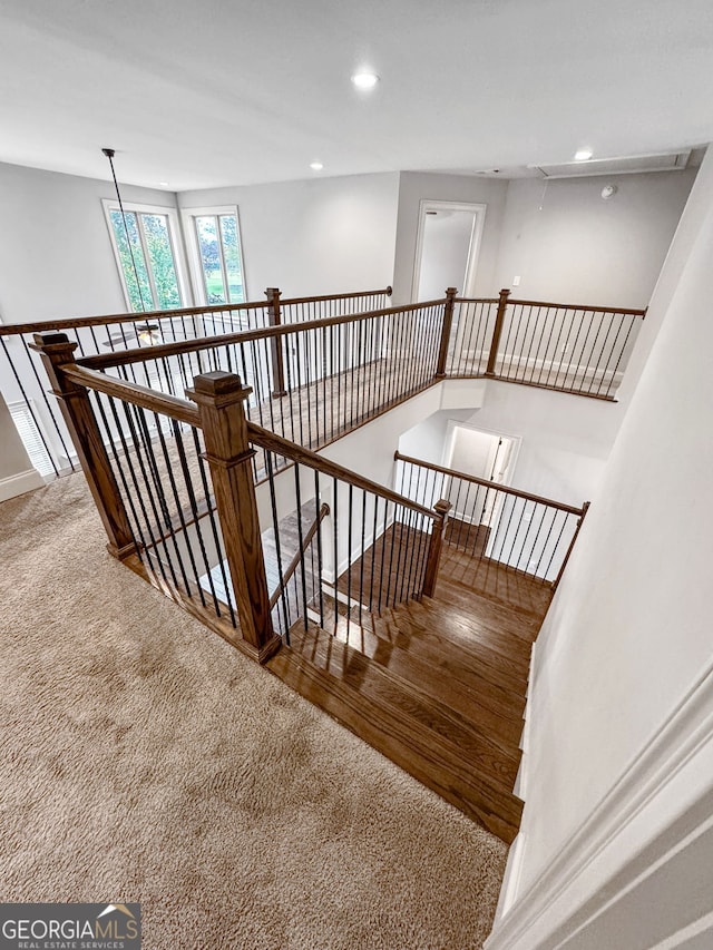 stairs featuring carpet flooring