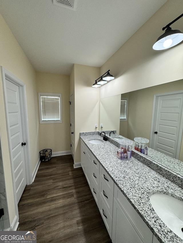 bathroom featuring vanity and wood-type flooring